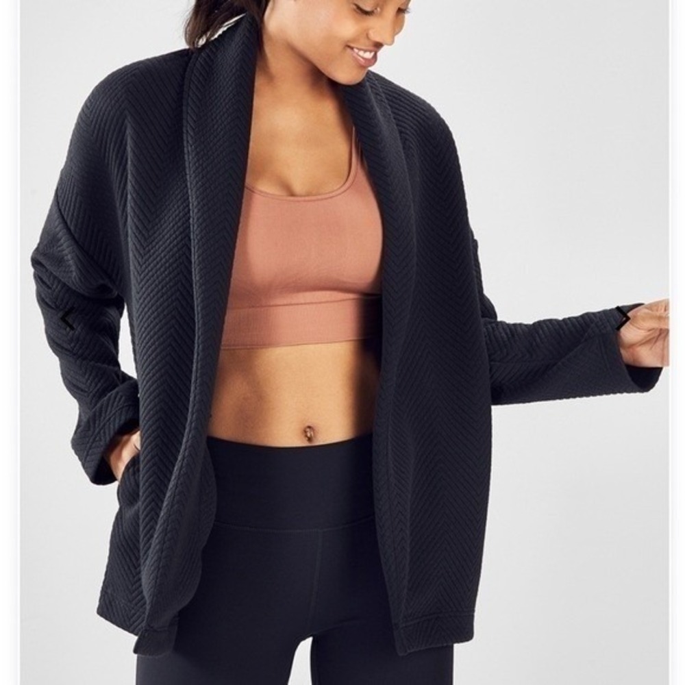 Fabletics Black Quilted Chevron Open Front Cardigan Shawl Collar Jacket Small